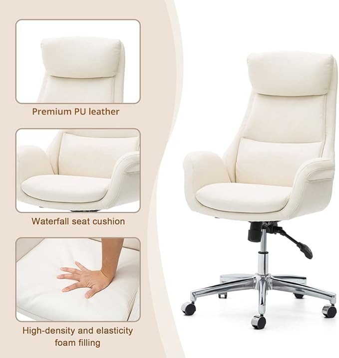 Glitzhome Modern Executive Home High-Back Office Chair - Leather Adjustable Swivel Desk Chair with Armrest(Cream)