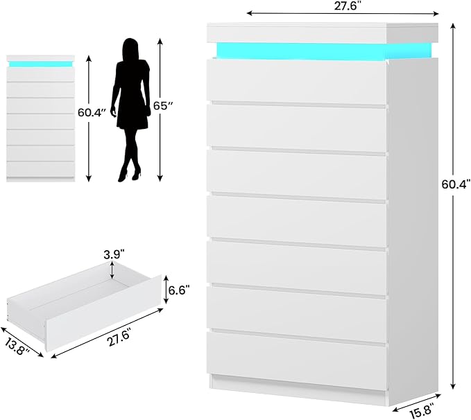 HAUOMS Tall 7 Drawer Dresser with LED Light, White Modern Chest of Drawers for Bedroom,Closet Dressers with Drawers for Living Room, Entryway, Hallway