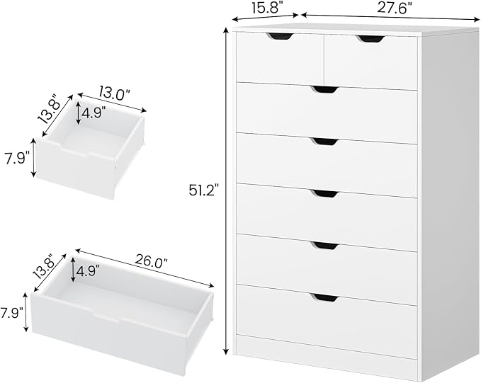 Tall 7 Drawer Dresser, White Modern Chest of Drawers for Bedroom,Closet Dressers with Drawers for Living Room, Entryway, Hallway