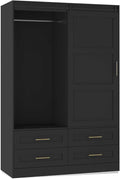 Armoire Wardrobe Closet with Sliding barn Door，Wardrobe Cabinet with 4 Storage Drawers and Hanging Rail,Freestanding Wooden Closet for Bedroom (Black)