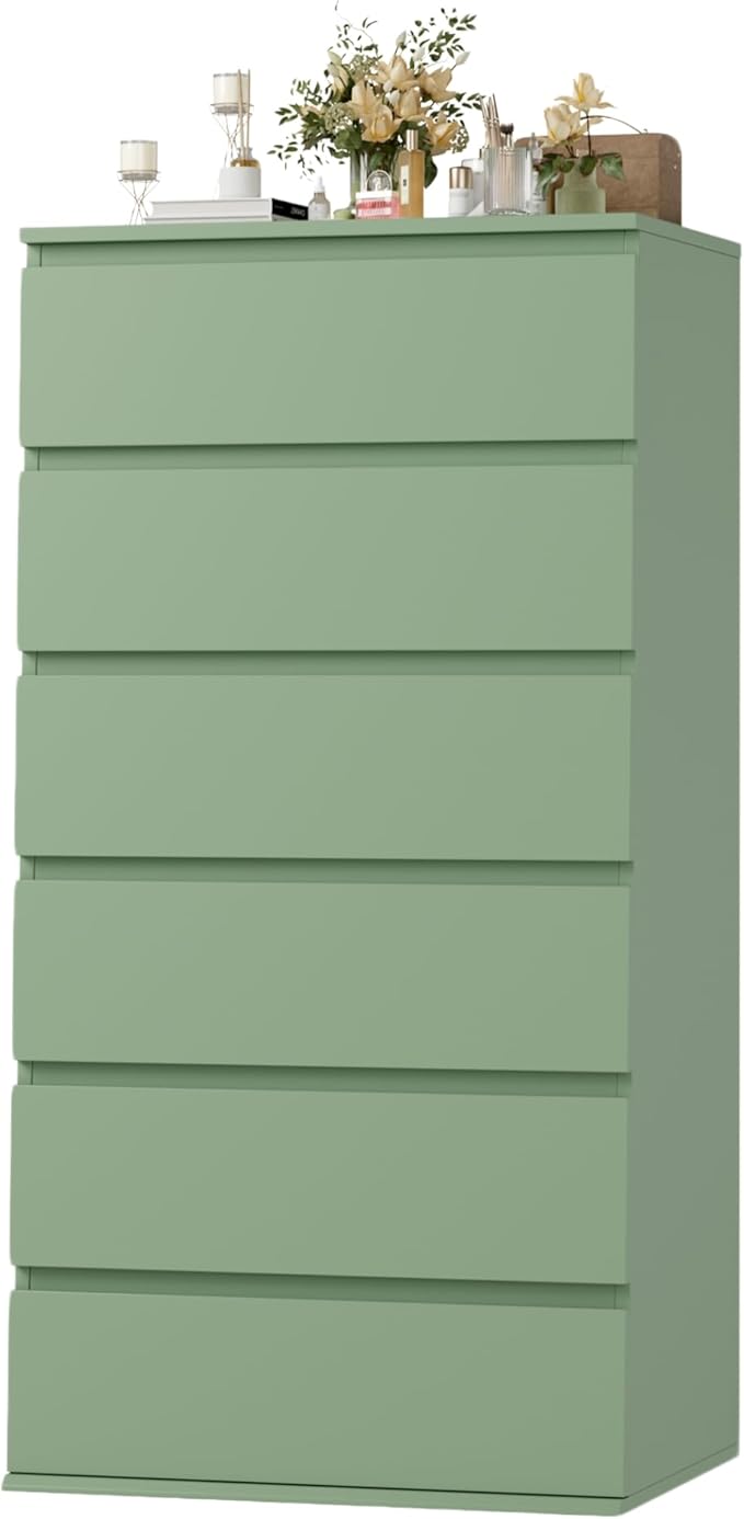 FOTOSOK Green Dresser, 6 Drawer Dresser, Modern Tall Floor Storage Cabinet with Metal Sliding Rail, Wooden Handleless Drawer Cabinet, 6-Layer Large Capacity Vertical Dressers for Home & Office