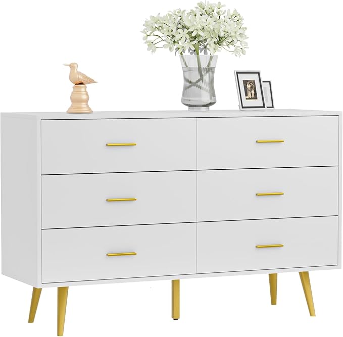 CARPETNAL White Dresser for Bedroom, 6 Drawer Dresser with Wide Drawers and Gold Metal Handles, Wood Dressers & Chest of Hallway, Entryway.