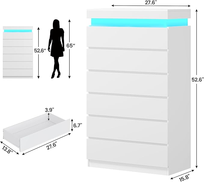 HAUOMS Tall 6 Drawer Dresser with LED Light, White Modern Chest of Drawers for Bedroom,Closet Dressers with Drawers for Living Room, Entryway, Hallway