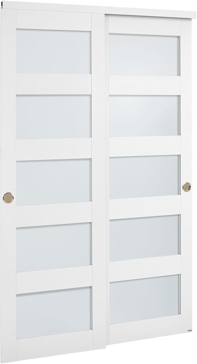 VEVOR Sliding Closet Door, 48" (Double 25") x 80", 5-Lite Frosted Glass with Hardware Kit & Floor Guide, Solid Wood & MDF Slab with Waterproof PVC Surface, Pre-Drilled Doors Panel, Need to Assemble