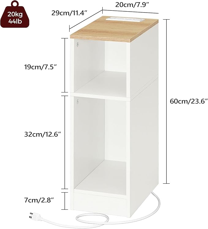 MAHANCRIS Narrow Nightstand with LED Light, Narrow End Table with Charging Station, Skinny Bedside Table for Small Spaces, Mid Century Modern Night Stand for Bedroom, Natural and White ETNW30E01
