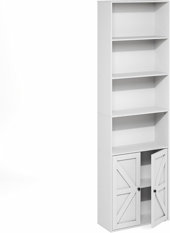 Furinno Jensen Book Shelf, 6-Tier Farmhouse Bookshelf, Display Bookcase with Doors, 9.2" x 21.6" x 71.2", for Organization and Storage, for Living Room, Bedroom, Home Office, White