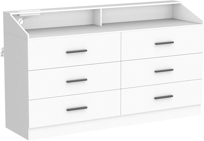 Gyfimoie 6 Drawer Dresser with Power Outlet, Chest of Drawers with LED Light, Modern Dresser with Open Storage Cubby, Double Wide Dressers Organizer for Bedroom, Living Room, Entryway, Hallway