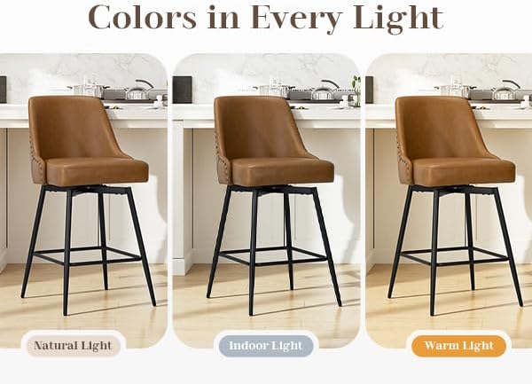 MALOL Bar Stools Set of 2, 26" Swivel Counter Height Chairs with Back,Thick Padded Seat & Footrest,Modern Faux Leather Barstool for Kitchen Island,Dining Room,Pub,Brown