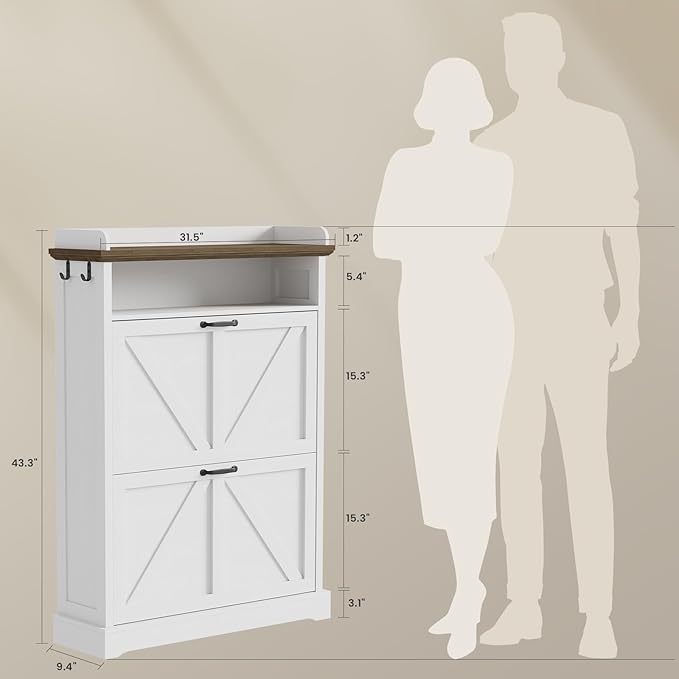 Shoe Cabinet with 2 Flip Drawers, Farmhouse Narrow Shoe Cabinet Organizer with Double-Layer Top, Freestanding entryway organizer with adjustable shelves and hooks, for, Foyer, Hallway, White