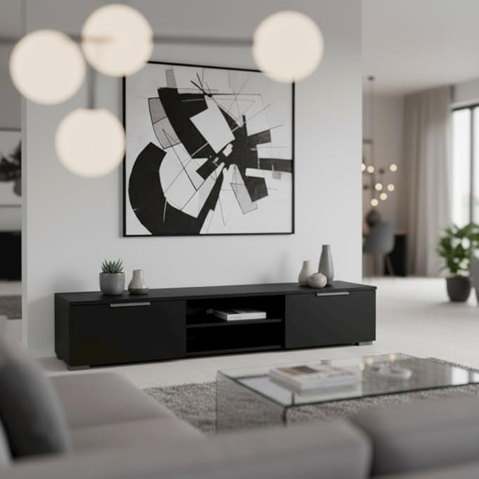 Furnifact Black Matte TV Console with 2 Drawers and 1 Shelf, Low-Profile Entertainment Center for Living Room or Bedroom, Modern Media Console