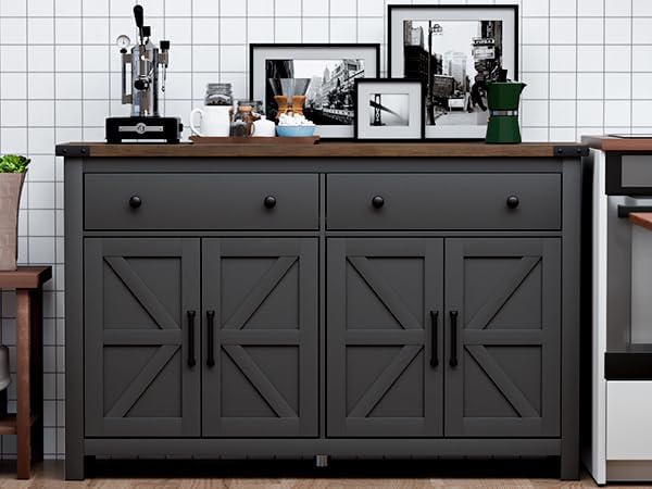 VVFLU 55" Sideboard Buffet Cabinet with Storage, Coffee Bar Cabinet with 2 Drawers and 4 Barn Doors, Long Storage Cabinet Modern Farmhouse, Black Wood, for Kitchen, Dining Room, Living Room