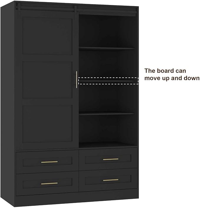 Armoire Wardrobe Closet with Sliding barn Door，Wardrobe Cabinet with 4 Storage Drawers and Hanging Rail,Freestanding Wooden Closet for Bedroom (Black)