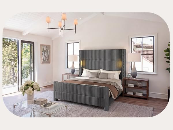King Bed Frame with 56.7" Tall Headboard & Reading Lights, Corduroy Upholstered Wingback Platform Bed with Charging Station, Modern Retro Design, Noise Free, No Box Spring Required, Grey