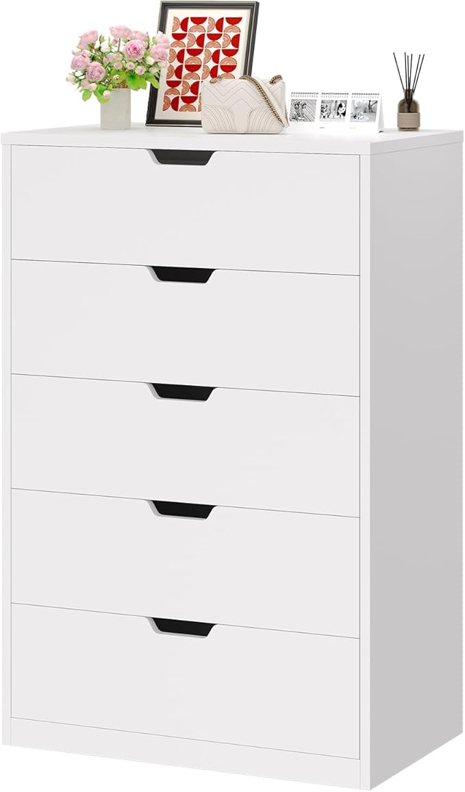 HAUOMS Tall 5 Drawer Dresser, White Modern Chest of Drawers for Bedroom,Closet Dressers with Drawers for Living Room, Entryway, Hallway