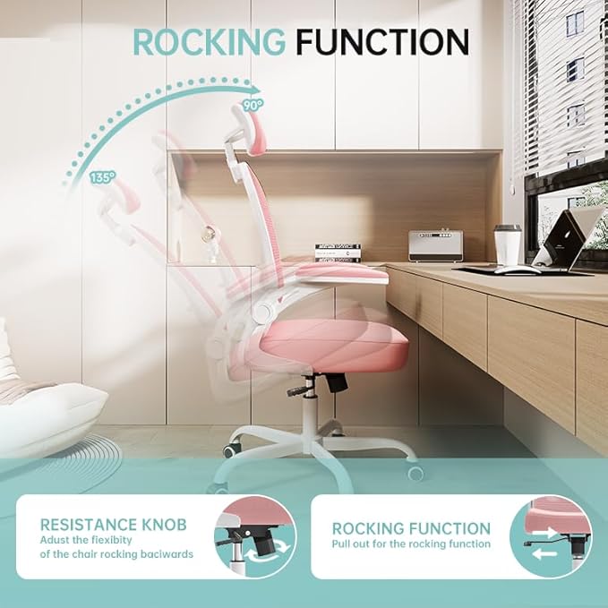 Office Chair Ergonomic Desk Chair, 330LBS Capacity, High Back Computer Design for Long Hours Comfort, Rolling Swivel Executive Task for Home Office with Flip-up Armrests, White Pink