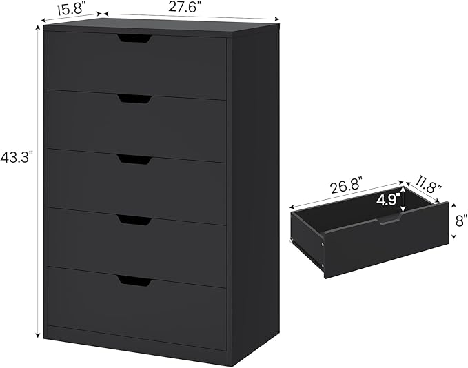 HAUOMS Tall 5 Drawer Dresser, Black Modern Chest of Drawers for Bedroom,Closet Dressers with Drawers for Living Room, Entryway, Hallway