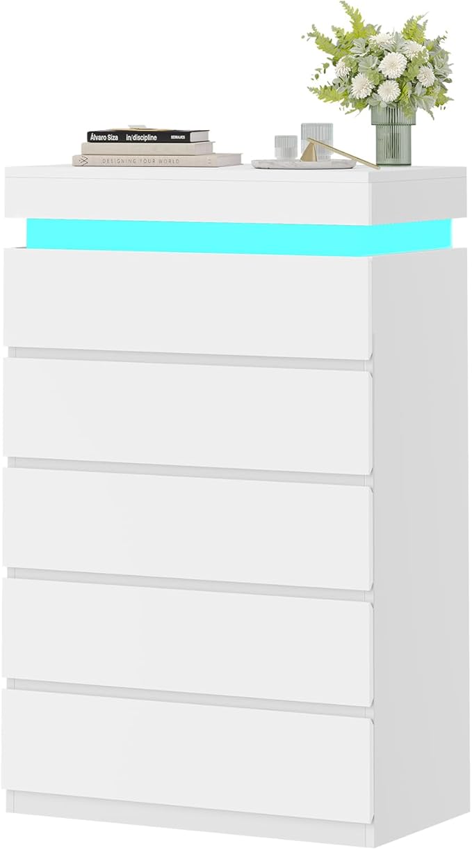 HAUOMS Tall 5 Drawer Dresser with LED Light, White Modern Chest of Drawers for Bedroom,Closet Dressers with Drawers for Living Room, Entryway, Hallway