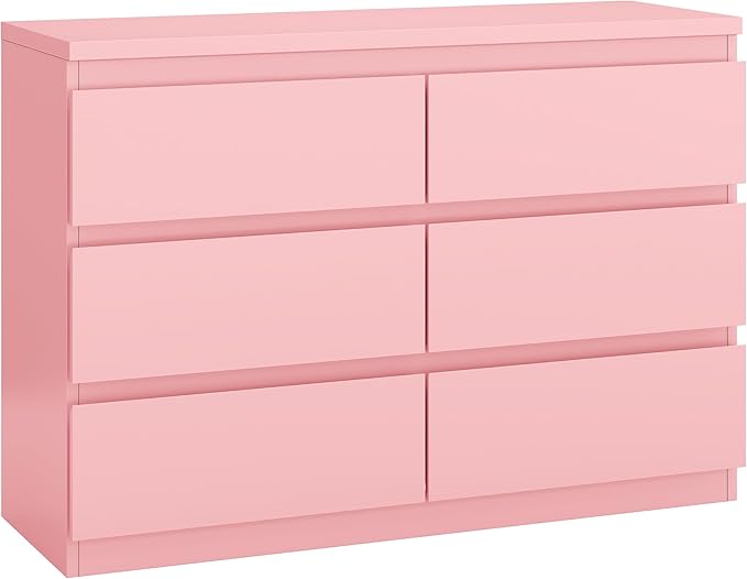Jocoevol Modern Pink 6 Drawer Dresser - Simply Chest of Drawers for Bedroom, Closet, Living Room, Hallway, Entryway, Wood Storage Double Dresser with Smooth Metal Rails - Pink