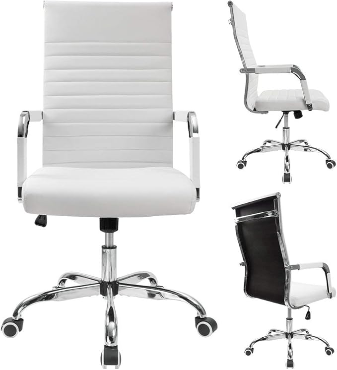 Furmax Ergonomic Office Desk Chair, Executive Ribbed Mid-Back PU Leather Conference Room Chair Adjustable Swivel Chair with Arms (2, White)