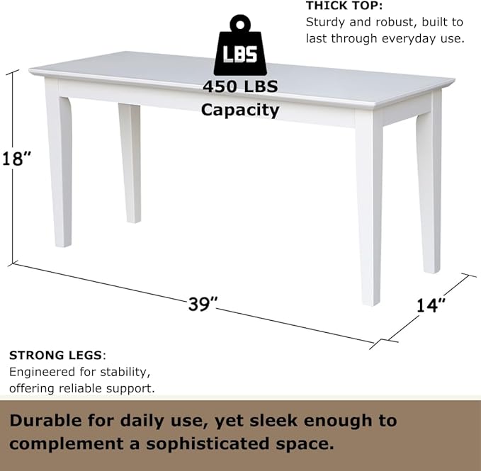 Shaker Style Solid Parawood Kitchen/Dining Bench, 39"W x 14"D x 18"H, Sturdy Seating for Entryway, Living Room, Family Room, or Breakfast Nook, Easy Assembly, Unfinished, Ready to Stain or Paint