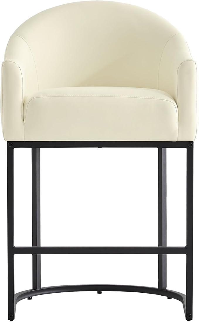 26" Modern Counter Height Bar Stools,Barstools with Arms,Kitchen Island Chairs,PU Leather Upholstered Barrel Bar Stools with Backs,Metal Black Frames,Beige White Leather