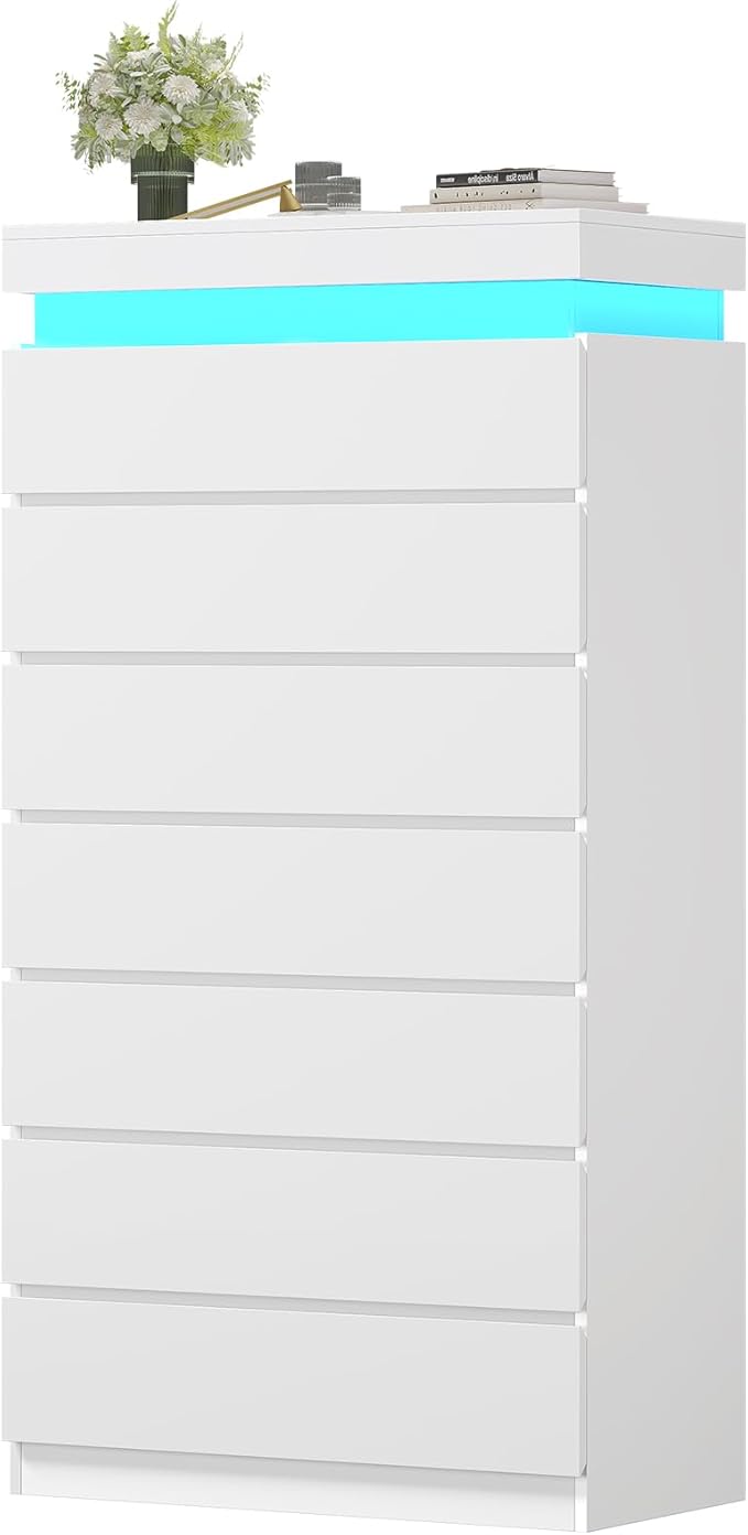 HAUOMS Tall 7 Drawer Dresser with LED Light, White Modern Chest of Drawers for Bedroom,Closet Dressers with Drawers for Living Room, Entryway, Hallway