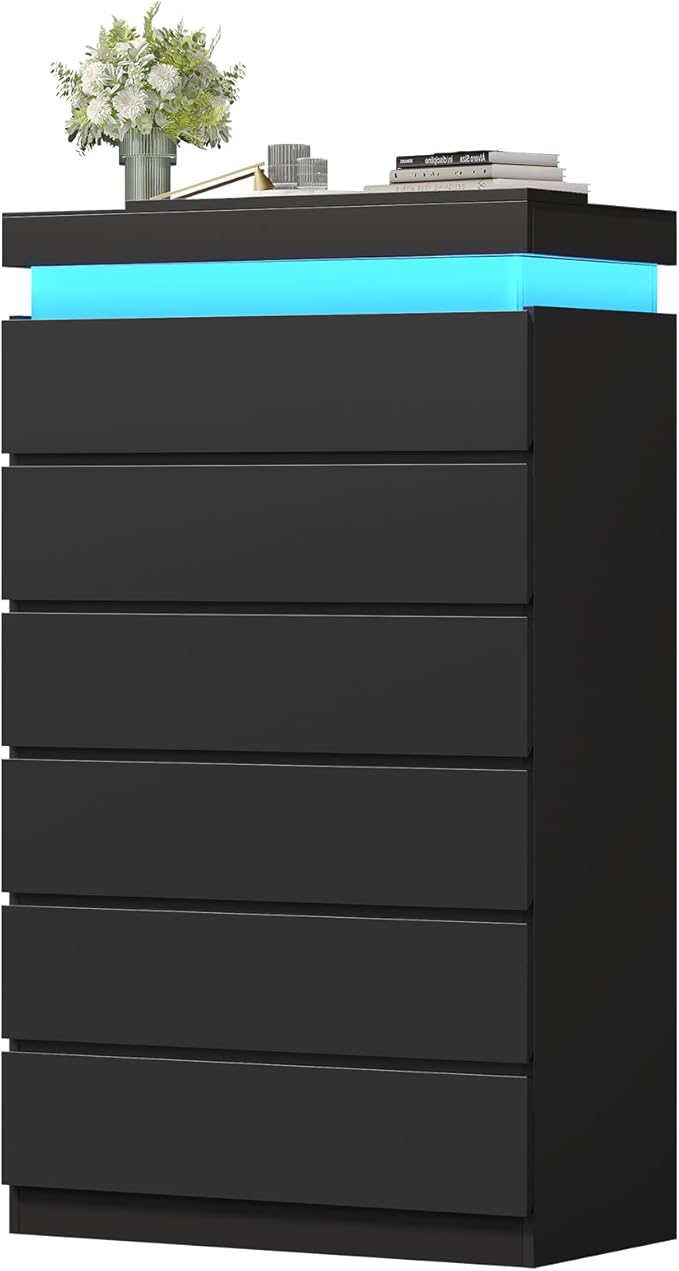 HAUOMS Tall 6 Drawer Dresser with LED Light, Black Modern Chest of Drawers for Bedroom,Closet Dressers with Drawers for Living Room, Entryway, Hallway