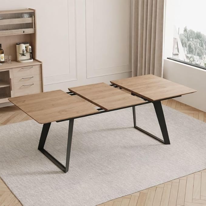ZckyCine Extendable Dining Table Set for 6, 51–67 Inch Modern Dining Table with 6 PU Leather Chairs, Light Walnut Rectangular Expandable Kitchen Table with Metal Legs