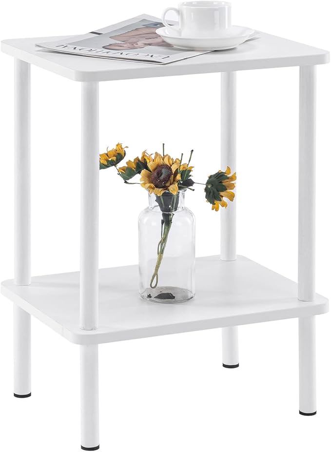 Apicizon 2 Tier End Table, Small Side Table with Solid Wood Legs, Boho Bedside Table with Storage Shelf, Nightstand for Small Spaces, Bedroom, Living Room, Entryway, Farmhouse, Easy Assembly, White