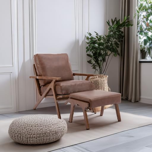chairus Mid-Century Modern Brown Faux Leather Accent Chair with Ottoman, Comfy Upholstered Lounge Armchair with Removable Cushion & Solid Wood Frame, Retro Reading Chair for Living Room Bedroom Office