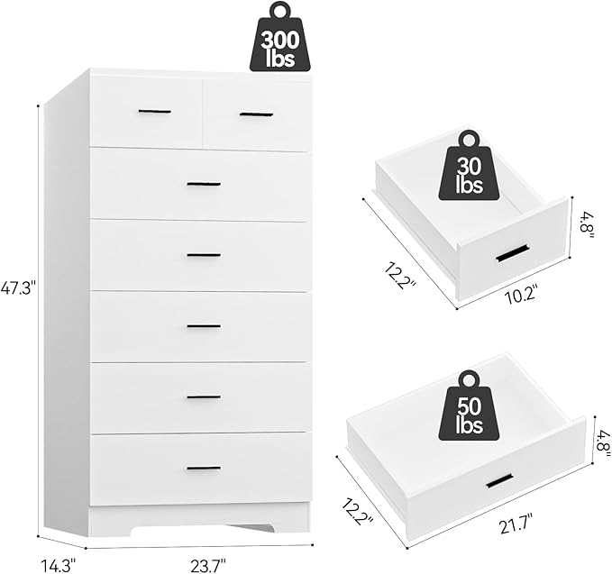 FJTJBSI 47.3" Tall Dresser for Bedroom Chests of Drawers with Charging Station 7 Drawer Dressers with Metal Slide Rail Modern Wood Closet Organizer with Large Storage for Home Office Entryway
