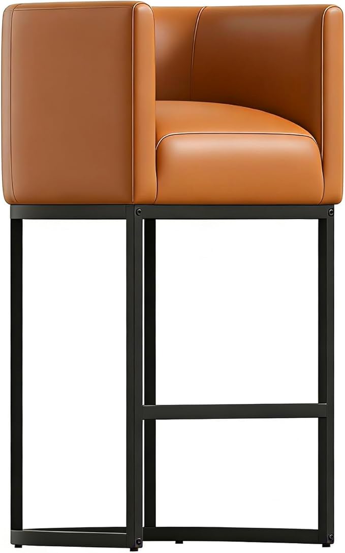 26" Modern Counter Height Bar Stools,PU Leather Upholstered Barrel Barstools with Backs,Island Chairs bar stools Set of 1,Metal Black Frames,Camel Brown Leather