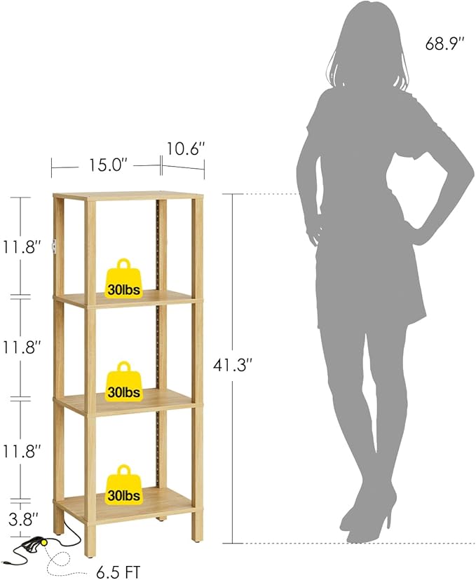 Open Book Shelf with LED Lights, 4 Tier Small Bookshelf, Freestanding Shelf Narrow Bookcase with Open Shelves, 14.96" x 10.63" x 41.26", Book Shelves for Living Room, Office, Study, Oak