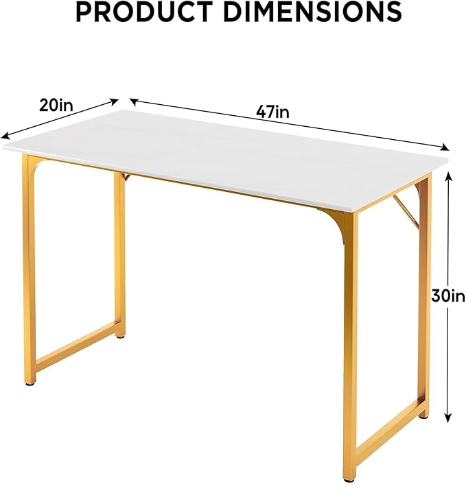 PayLessHere | 47 Inch Computer Desk | White Gold | Office Desk with Metal Frame, Adjustable Feet | Water-Resistant, Scratchproof Surface | Sturdy Writing Table for Home Office or Study | Pack of 1