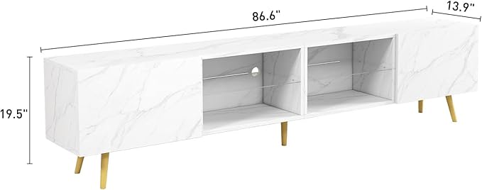 Bonzy Home 86" LED TV Stand, Modern Entertainment Center up to 75" TV, Television Console Table with Storage Cabinets for Living Room, White Marble