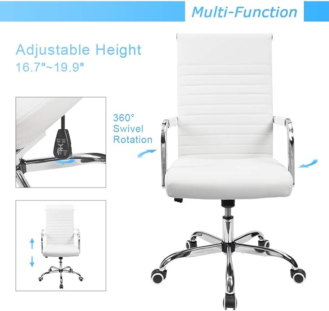 Furmax Ergonomic Office Desk Chair, Executive Ribbed Mid-Back PU Leather Conference Room Chair Adjustable Swivel Chair with Arms (4, White)