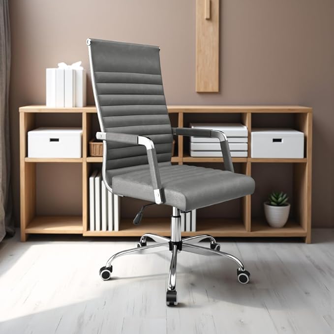 Furmax Ergonomic Office Desk Chair, Executive Ribbed Mid-Back PU Leather Conference Room Chair Adjustable Swivel Chair with Arms (4, Bicolor Vintage Grey)
