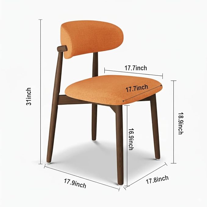 Modern Solid Wood Dining Chairs Set of 2 with Curved Back, Ergonomic Upholstered Seat, Natural Wood Legs with Adjustable Anti-Slip Foot Pad (Orange-Walnut, Set of 2)