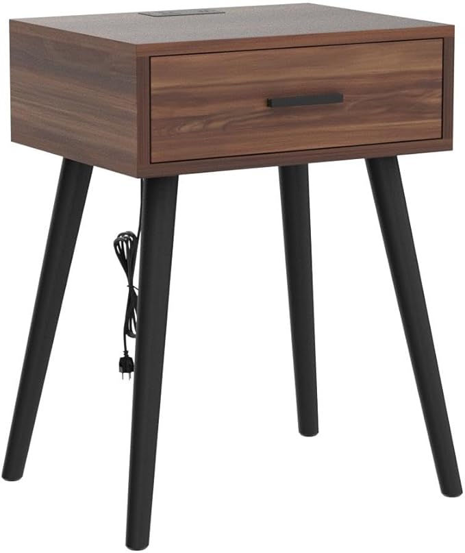 HAIOOU Nightstands Set of 2, Mid Century Modern Night Stand with Charging Station, End Table with Storage Drawer Premium Matte Black Handle,Side Table with Pine Wood Legs for Home Bedroom Living Room