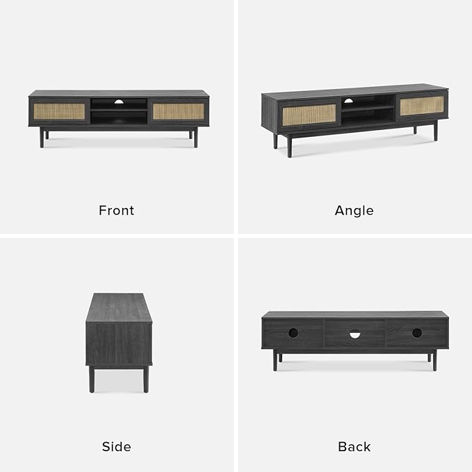 mopio Haylee TV Stand, Modern Farmhouse Television Stand for 55/60/65 inch TV, Natural Rattan Boho Entertainment Center with Storage, Media Console Credenza Table for Living Room, Bedroom (Black 59")