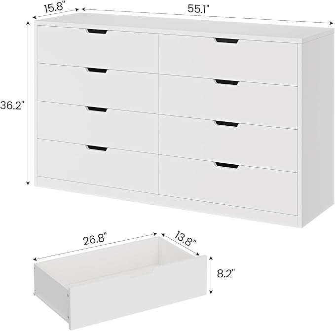 HAUOMS Modern 8 Drawer Dresser, White Chest of Drawers for Bedroom,Closet Dressers with Drawers for Living Room, Entryway, Hallway