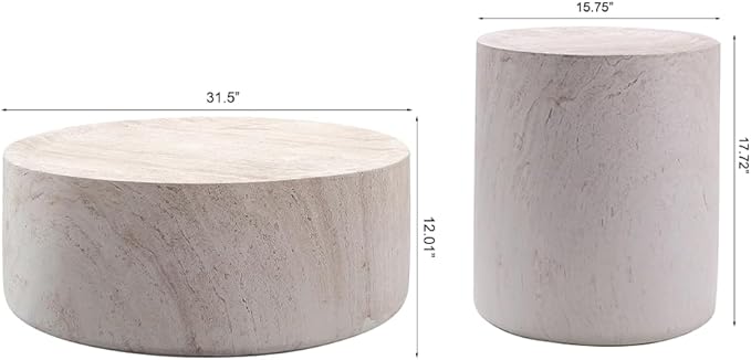 WILLIAMSPACE Round Faux Marble Coffee Table Set of 2, Modern Circle Drum Stone Center Tables, Travertine Drum Tea Table for Living Room, Outdoor, Magnesium Oxide, 31.5" & 15.75", Light Beige