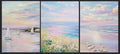 HUARCEY Pink Purple Coastal Sunrise 12''x16''Wall Art Set of 3 Framed Canvas Prints, Vintage Oil Painting Artwork, Summer Vibe Beach Sunset Ocean Floral for Living Room Bedroom Wall Decor