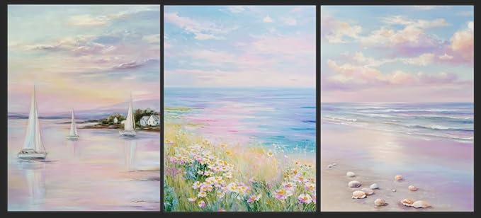 HUARCEY Pink Purple Coastal Sunrise 12''x16''Wall Art Set of 3 Framed Canvas Prints, Vintage Oil Painting Artwork, Summer Vibe Beach Sunset Ocean Floral for Living Room Bedroom Wall Decor