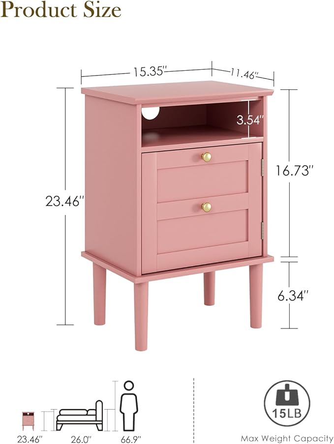 Nightstand, Boho Night Stand with 1 Drawers, Modern Side Accent Table with Open Shelf, Wooden Top Bedside End Table for Bedroom, Living Room, Pink