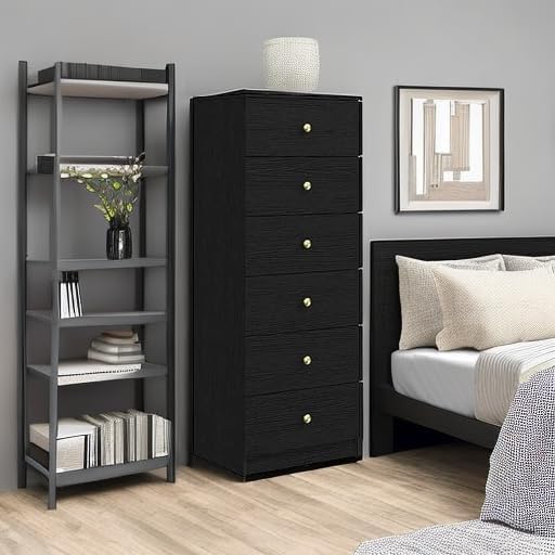 Panana Modern 6 Drawer Vertical Dresser, Wood Tall Chest of Drawers N Arrow Storage Organizer with Wide Drawers & Metal Gold Handles for Bedroom, Living Room, Office, Hallway, Entryway (Black)