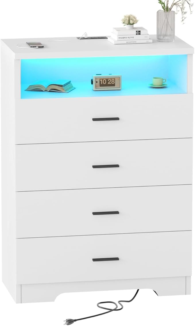 FJTJBSI Dresser with Power Outlets and LED Lights Wooden 4 Drawer Dresser with Large Organizer Tall White Drawer for Bedroom Modern Chest of Drawers Closet for Living Room Kids Room