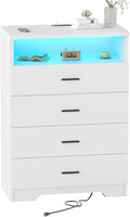 FJTJBSI Dresser with Power Outlets and LED Lights Wooden 4 Drawer Dresser with Large Organizer Tall White Drawer for Bedroom Modern Chest of Drawers Closet for Living Room Kids Room