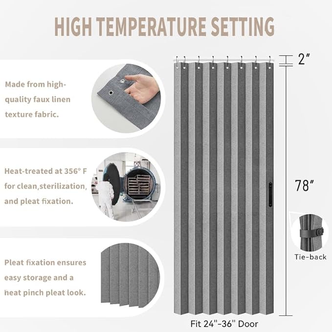Vatge Closet Curtain for Open Closet, Pleated Folding Curtains for Doorway, Privacy Room Divider for Separation,1 Panel with Tieback, W39 x L78, Grey