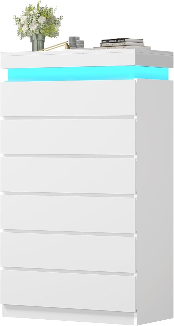 HAUOMS Tall 6 Drawer Dresser with LED Light, White Modern Chest of Drawers for Bedroom,Closet Dressers with Drawers for Living Room, Entryway, Hallway